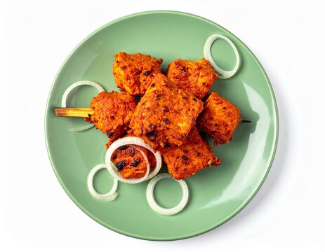 Kashmiri Mirch Grilled Fish Kabab On Mint Green Plate Isolated On White Background
