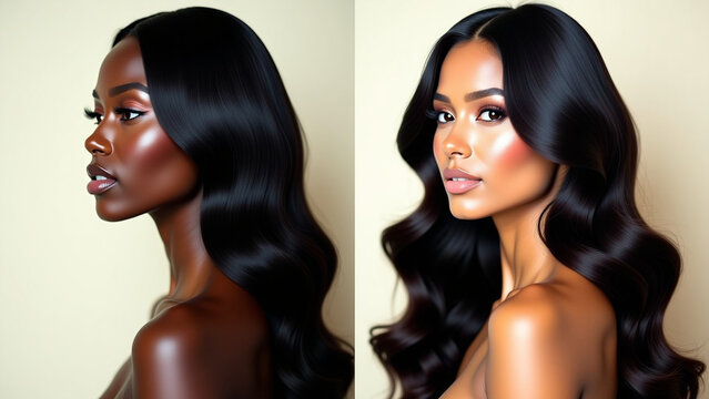 A highresolution professional beauty iteration and hair transformation photograph presented in a clean splitscreen or