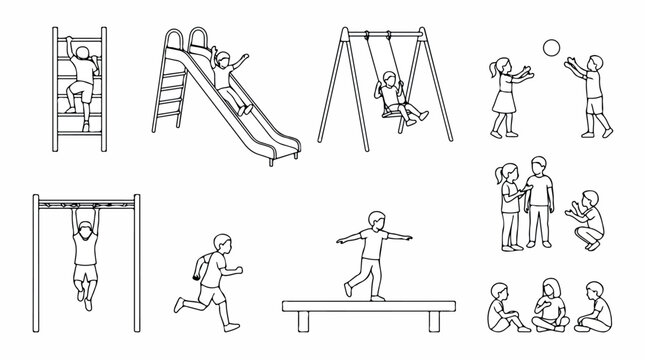 Minimalist playground line icons set, children playing on park equipment vector, kids outdoor activity illustrations for coloring book