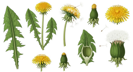 Dandelion plant parts, botanical illustration, yellow flowers, green leaves, educational diagram © Art