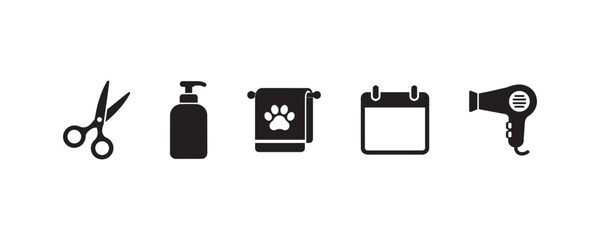 Pet grooming essentials: scissors, soap dispenser, towel, calendar, hairdryer icons. © Victor