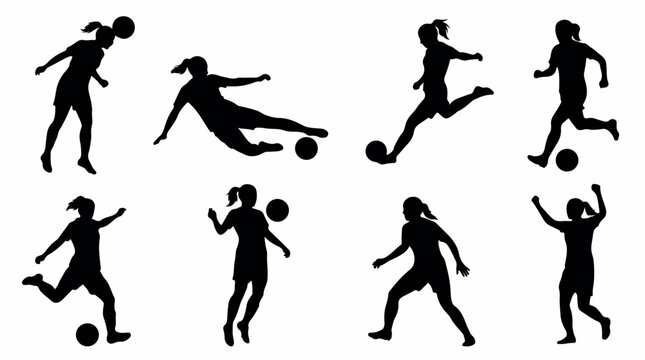 Female soccer player silhouettes set, 8 vector icons of women playing football, athletic girls kicking ball and celebrating goals