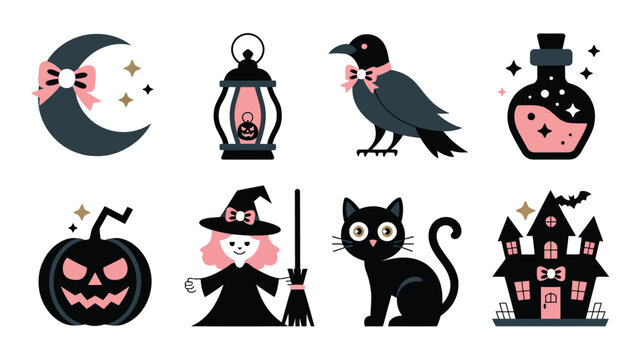 Collection of eight stylized Halloween themed icons including a witch, cat, pumpkin, and haunted house