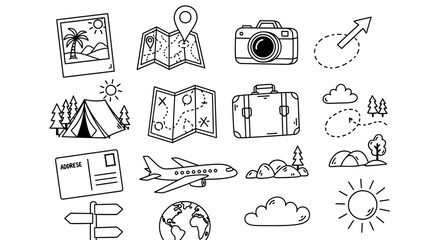 Fototapeta premium Travel and adventure icons, vacation planning concept, tourism symbols