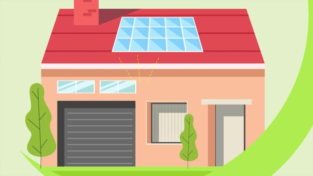 Eco friendly house supporting sustainable living. Suistainable living concept. Full length Icon animation illustration. High quality&nbsp;4k&nbsp;footage