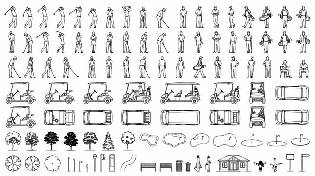 Minimalist golf course architectural icons, hand drawn golfer silhouettes and equipment set, black and white sports vector collection for site planning