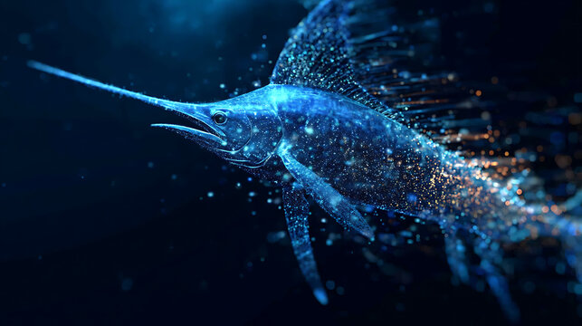A mesmerizing digital illustration of a marlin swimming in the deep blue ocean, rendered with glowing particles and a sense of ethereal motion