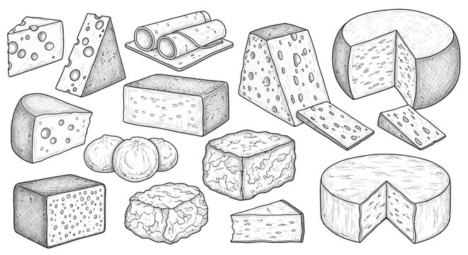 Various types of cheese, cheese assortment, food illustration, culinary concept, kitchen background