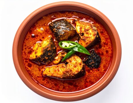 Kottayam Kudampuli Fish Curry In Terracotta Bowl Isolated On White Background