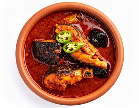 Kottayam Kudampuli Fish Curry In Terracotta Bowl Isolated On White Background