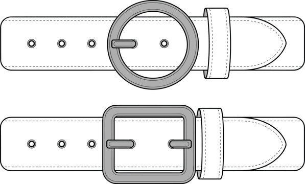Classic leather belt template collection showcasing circular and rectangular buckle design variations in a fashion technical sketch