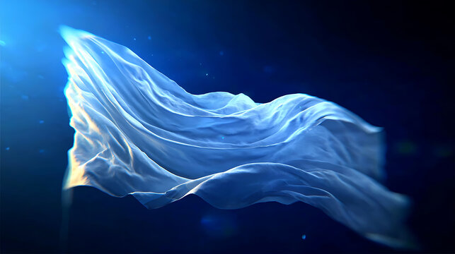 A delicate white fabric flows and undulates gracefully in the deep blue abyss, illuminated by ethereal light flares