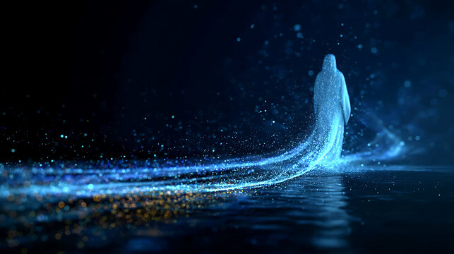A spiritual and ethereal depiction of a cloaked figure walking through shimmering stardust and light trails, evoking a sense of mystery and transcendence