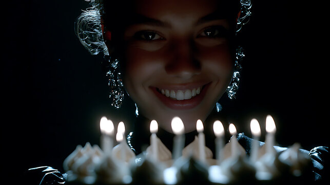 A woman with a dark background holds a cake with lit candles and smiles sinisterly. She wears ornate earrings, and her eyes glint in the candlelight. Her fingers, adorned with rings.
