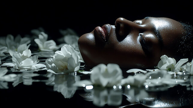 A person of color submerged in dark water surrounded by white flower petals. The lighting creates a dramatic and serene atmosphere.