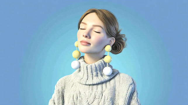 A young woman with closed eyes and a peaceful expression, wearing a cozy knitted sweater and whimsical pom-pom earrings. The soft blue background enhances her serene aura