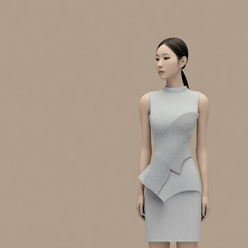 A fashionable woman wearing a stylish sleeveless gray dress with an asymmetrical peplum. She stands against a neutral backdrop, exuding elegance and modern aesthetics