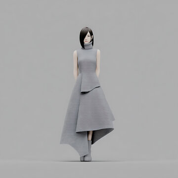 A minimalist 3D render of a woman in a grey, avant-garde dress, standing against a neutral grey background. The dress features a high neckline, asymmetrical layering, and a dramatic, flowing hemline.