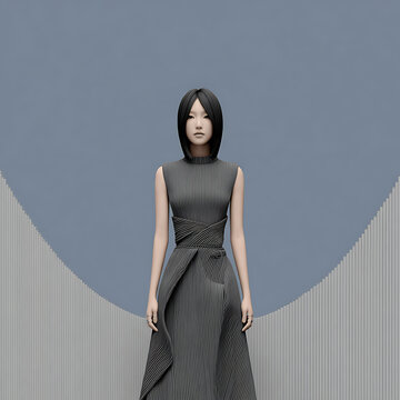 A woman standing in a modern, minimalist environment, wearing a sophisticated grey dress. Her expression is neutral and poised, conveying a sense of elegance and calm