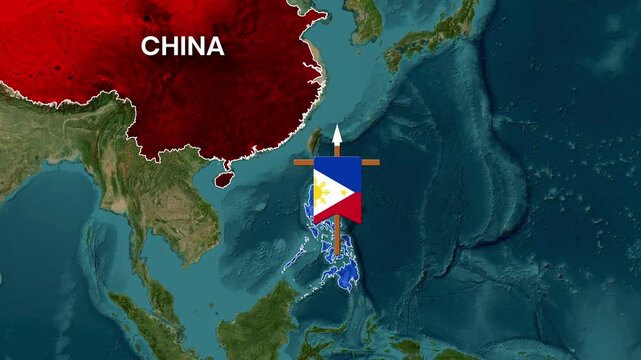 Animated map showing China's influence over the Philippines in a motion footage clip