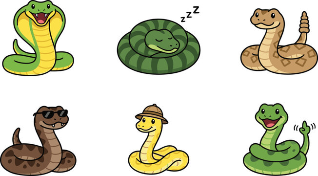 Cute snake cartoon character vector collection set featuring friendly serpent mascots including cobra rattlesnake sleeping and wearing sunglasses isolated on white background