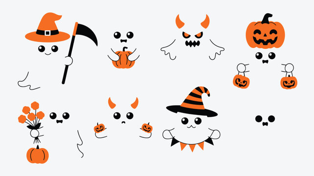 Collection of friendly cartoon ghosts and spooky pumpkins for festive Halloween design elements