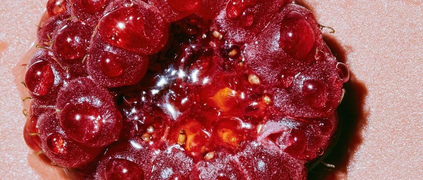 Extreme close up of a single fresh raspberry with glistening water droplets and translucent drupelets for food packaging and healthy lifestyle marketing