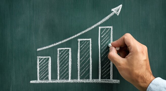 Hand drawing an upward trending bar graph with chalk on a dark blackboard