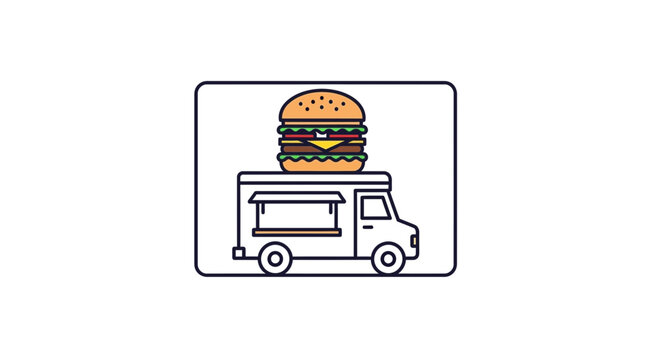 Burger Food Truck Icon: Fast Food Mobile Kitchen with Giant Burger