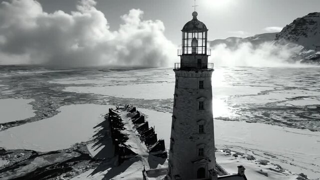 Black and white aerial view of a lighthouse standing tall in a frozen winter landscape with wispy clouds