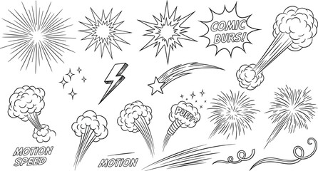 Comic book elements set including speech bubbles, bursts, stars, lightning, and motion lines. © Emongrapic