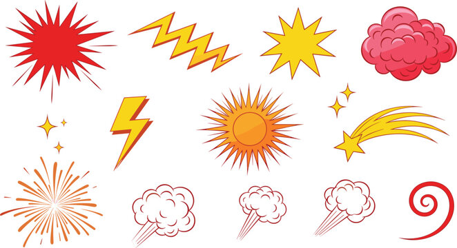 Comic book speech bubbles and explosion effects collection with lightning bolt star sun and smoke elements.