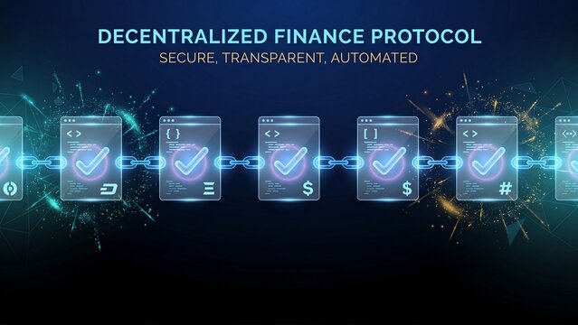 Glowing holographic blockchain chain linking verified smart contract code panels with checkmarks and dollar symbols on dark blue decentralized finance protocol background