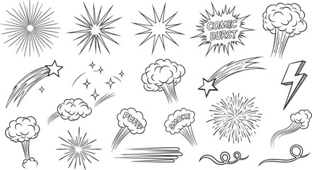 Comic book style doodle set including explosions stars lightning clouds and puffs isolated on transparent base. © Emongrapic