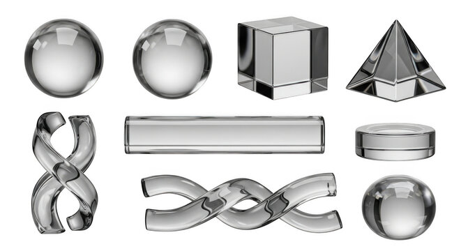 Geometric glass shapes including spheres cubes pyramids and abstract forms on white