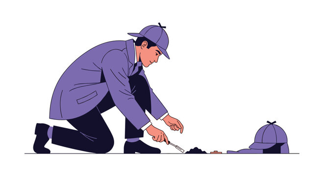Professional detective in a purple suit and hat kneeling to examine a hidden clue with a magnifying glass on the floor.