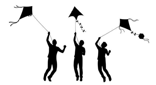 Silhouettes of three people flying kites against a white background