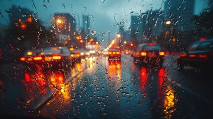 Fototapeta premium Rainy City Traffic View Through Car Window At Night With Glowing Blurred Tail Lights And Street