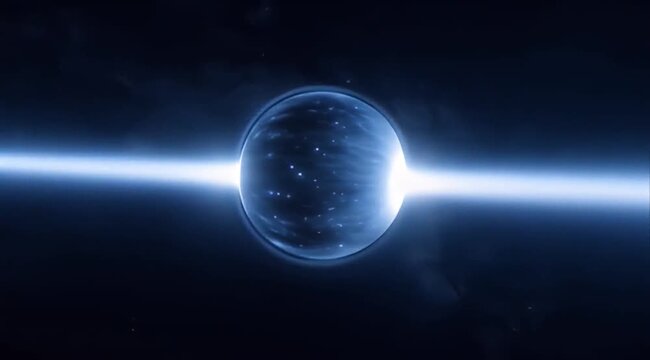 Space Exploration Neutron star pulsar space with cosmic galaxy nebula starlight, cinematic blue light beams from spinning glowing sphere, bright radiation energy and dust creating science fiction