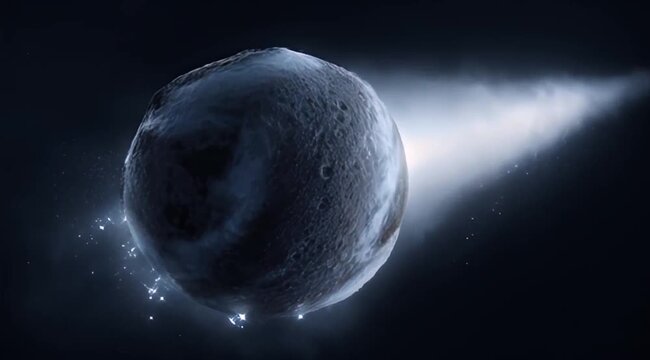 Space Exploration Comet asteroid outer space night sky, cosmic celestial astronomy universe scene with cratered nucleus, glowing tail, stardust nebula, bright starfield, cinematic ultra realistic