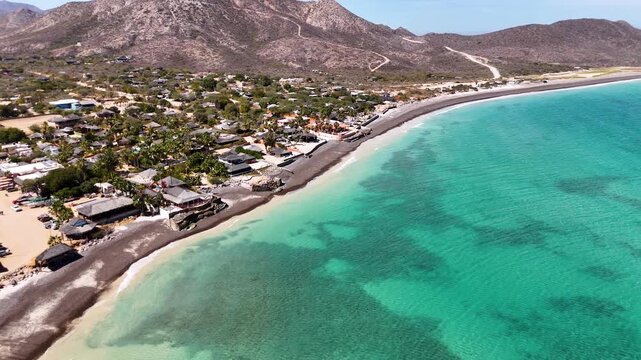 Panoramic Aerial View of Turquoise water Bay and Sandy Beach in the Sea of Cortez (Cabo Pulmo, Baja California Sur, Mexico), Horizontal orbit drone shot
