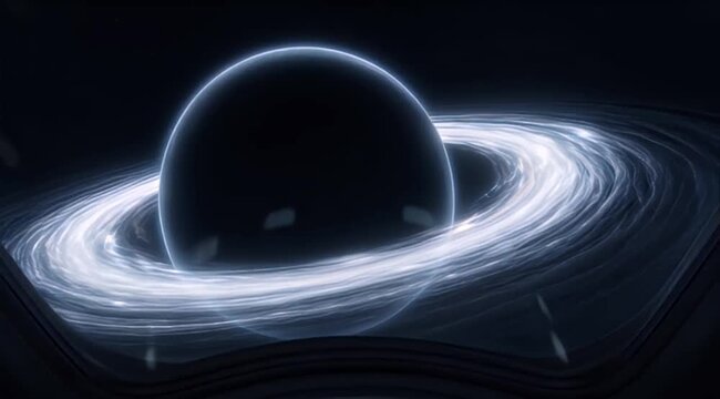 Space Exploration Ringed planet gas giant with swirling ring orbit, spacecraft cockpit window view toward black hole bright accretion disk, deep space galaxy background, cinematic realistic sci fi