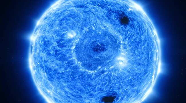 Space Exploration Blue supergiant star stellar surface deep space, ultra realistic astronomy cosmic scene with glowing plasma texture, stellar flare energy and cosmic light over star field outer space