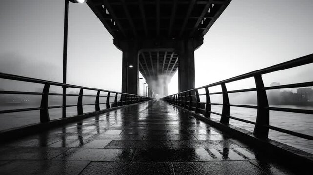 Low Angle Perspective of a Misty Bridge Walkway with Wet Pavement, Handrails, and Lamp Posts in Black and White