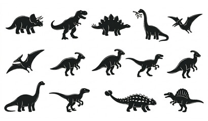 set of dinosaursMinimal Black Dinosaur Silhouette Icon Collection Hand Drawn Vector Set of Prehistoric Creatures on White Background © joy