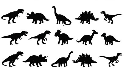 Hand Drawn Dinosaur Silhouette Icon Set with Prehistoric Animals Sketch Vector Collection on White Background © joy