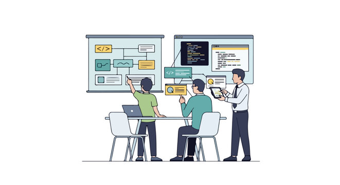 A vector illustration of a team collaborating on software development, featuring flowcharts, code snippets, and digital devices in a workspace.