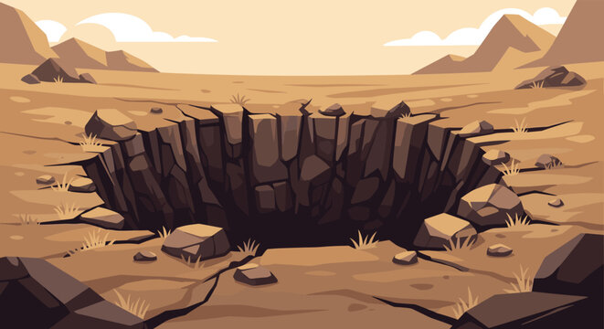 Deep rocky pit or sinkhole in a barren desert landscape is surrounded by dry ground, scattered stones, and distant mountains under a pale sky.