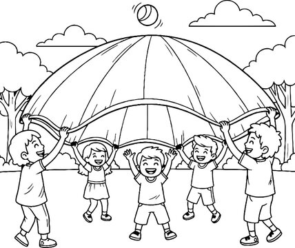 Children playing together under large parachute outdoors.