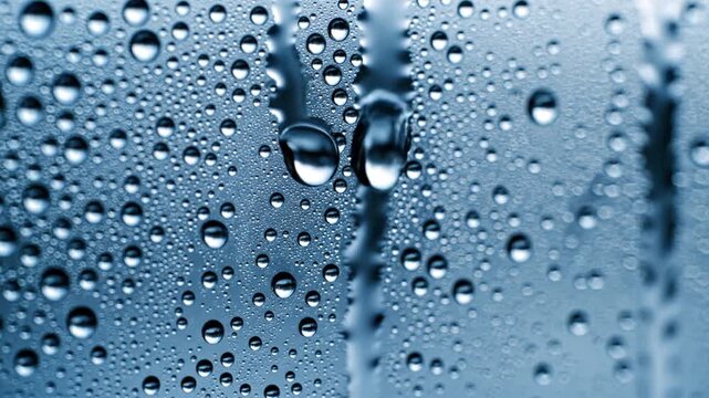 Transparent water droplets on glass surface background.